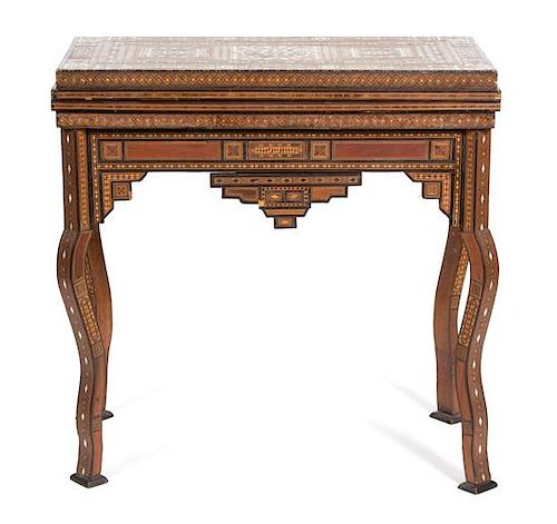 A Middle Eastern Mother-of-Pearl Inlaid Rosewood Game Table Height 33 x width 33 x depth when closed 16 1/2 inches.