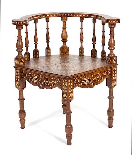 A Middle-Eastern Bone Inlaid Corner Chair Height 29 inches.