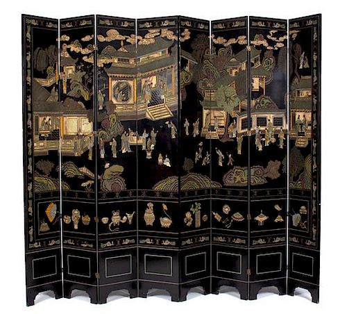 A Chinese Coromandel Lacquer Eight-Panel Floor Screen Each panel 98 1/2 x 16 inches.
