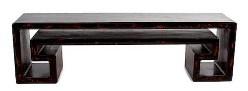 A Chinese Black Lacquer Angular Scroll Table Height 18 x width 63 x depth 13 1/2 inches.