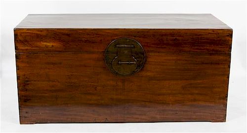 A Large Chinese Hardwood Metal Mounted Trunk Height 30 1/2 x width 65 x depth 27 inches.