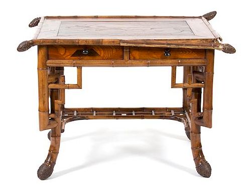 A Chinese Bamboo and Inlaid Mahogany Writing Table Height 29 1/2 x width 44 x depth 28 inches.