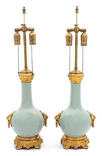 A Pair of French Gilt Bronze Mounted Celadon Porcelain Vases Height 28 1/2 inches.