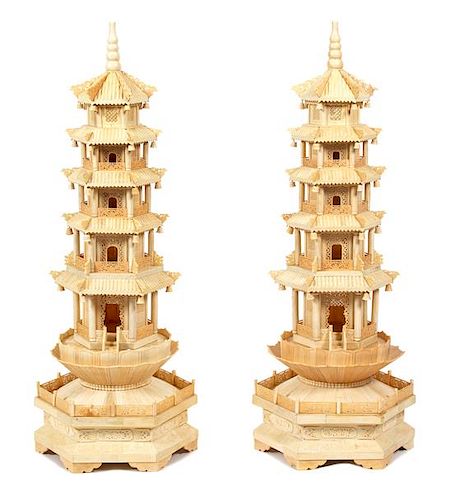 A Pair of Chinese Carved Bone and Composite Pagoda Towers Height 41 1/2 inches.