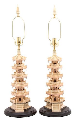 A Pair of Chinese Carved Bone Pagoda Tower-form Lamps Height overall 35 1/2 inches.