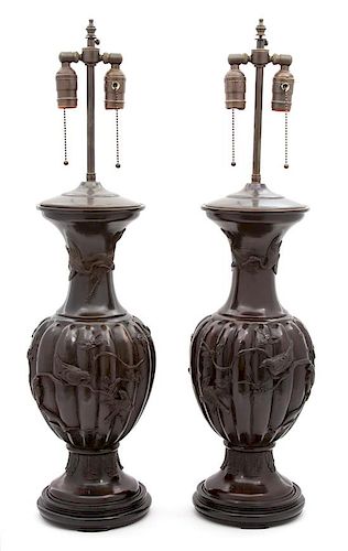 A Pair of Japanese Bronze Lobed Baluster-form Table Lamps Height 31 1/2 inches.