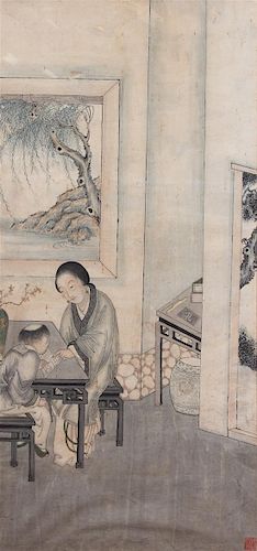 Four Chinese Ink and Color Paintings Height 51 x width 24 1/2 inches.
