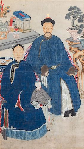 A Chinese Ink and Color on Paper Ancestral Family Portrait 51 1/2 x 29 1/2 inches.