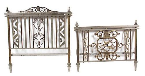 An Art Deco Brass and Steel Twin Headboard and Footboard Height 39 x width 37 1/2 inches.