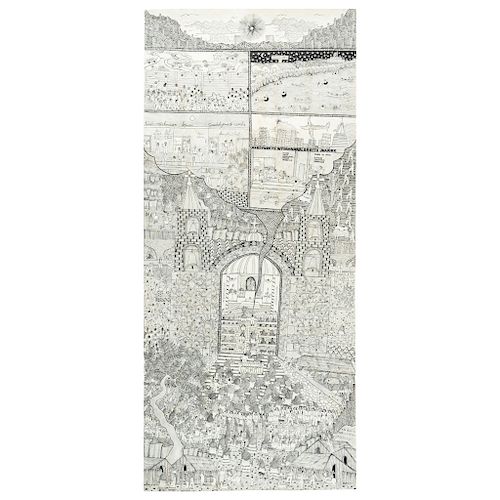 Tito Rutilo. Papel Amate con tinta china tema Migración. Fechado en 2016. 1.80 cm. x 80 cm.