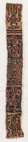 Pre-Columbian Textile Fragment, Nazca, c. 200-600 AD, with multicolored effigy panels, mounted, 16 x 1 3/4 in.