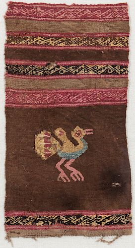 Pre-Columbian Textile Fragment, Peru, c. 200-600 AD, with multicolored avian designs, with an image of a large bird in the center, fram