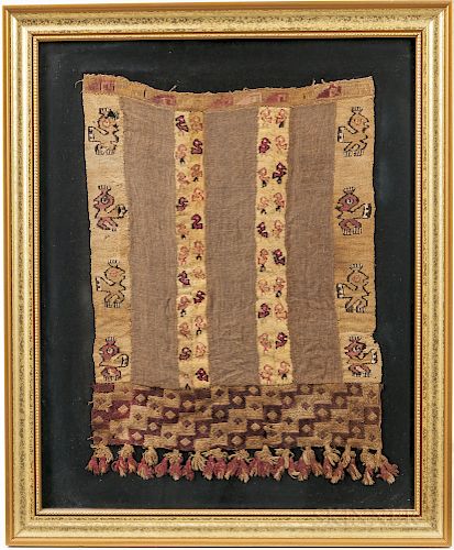 Pre-Columbian Textile Apron, Peru, c. 200-600 AD, with numerous multicolored avian motifs, framed, 17 x 11 3/4 in.