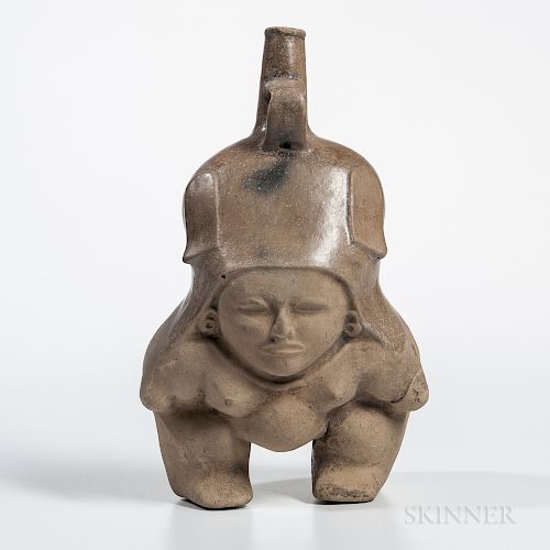 Chorrera Stirrup Vessel, c. 1200-500 BC, brownware in the form of a squatting dwarf figure with a single spout and ring handle emerging