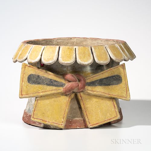 Veracruz Polychrome Incensario, Late Classic, c. 550-950 AD, the brazier of hollow slightly waisted form, painted on the exterior in ch