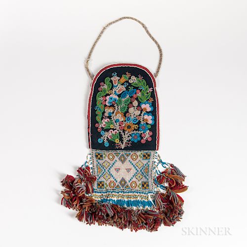 Upper Great Lakes Beaded Bag, mid to late 19th century, black or dark indigo blue stroud cloth bag, with polished cotton interior linin