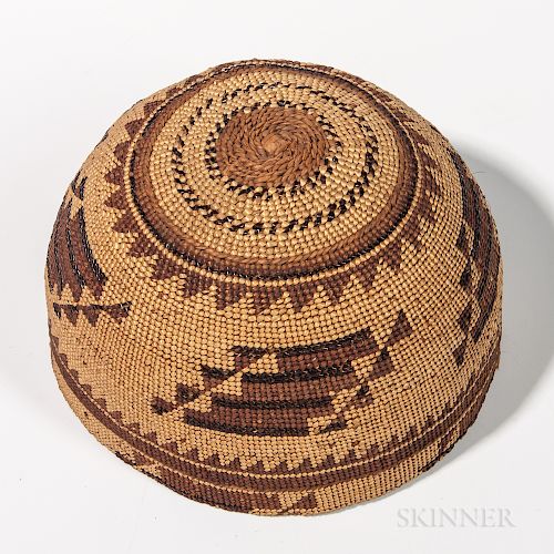 Northwest California Polychrome Basketry Hat, Hupa, late 19th century, with three separate areas of decoration on the rim, body, and cr
