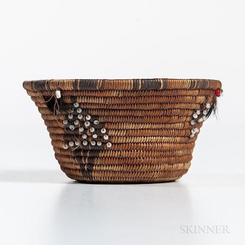 California Miniature Beaded Basket, Pomo, c. 1900, decorated with four beaded geometric designs and traces of feathers, ht. 1 3/4, dia.