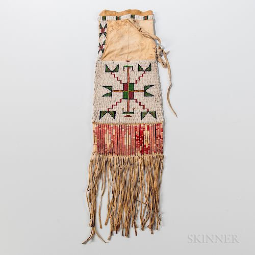 Plains Beaded and Quilled Hide Pipe Bag, Sioux, c. late 19th century, with storm mountain beaded pattern on both sides, polychrome quil
