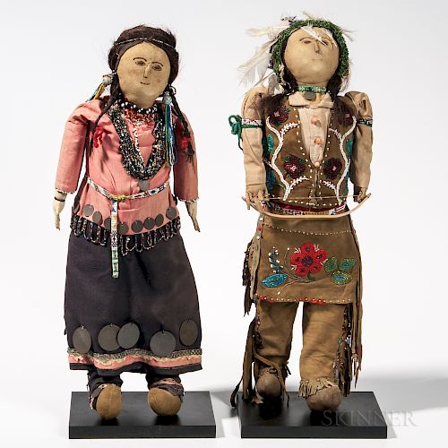 Pair of Great Lakes Cloth Dolls, early 20th century, large cloth male and female dolls, costumes bead-decorated with floral design work