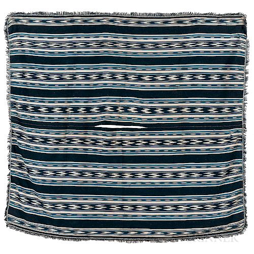 Ikat Poncho, Chimborazo, Ecuador, mid-20th century, blue and white cotton ikat design with central opening, made up of two panels sewn
