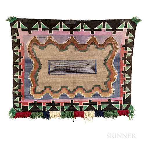 Small Germantown Weaving, tightly woven with complex geometric designs with bottom edge fringed, 25 1/2 x 30 in.