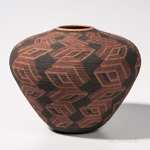 Large Richard Zane Smith Pottery Jar, Wyandot potters, signed and dated "1989" on the bottom, corrugated walls with incised and colored