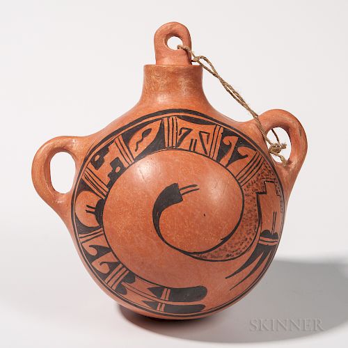 Hopi Polychrome Pottery Canteen, by Frieda Poleahla, decorated on one side with feather designs, complete with pottery stopper, ht. 9 1