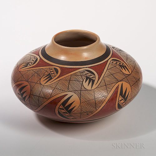 Hopi Polychrome Seed Jar, by Fannie Nampeyo, signed on the bottom, with repeat abstract feather design, ht. 7 1/2, dia. 12 1/4 in.Prove