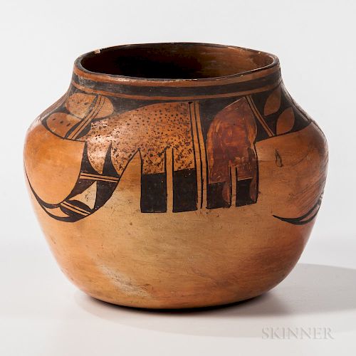 Hopi Polychrome Pottery Jar, c. 1930s, attributed to the Nampeyo family, with an abstract avian design below the rim, ht. 6 1/4 in.