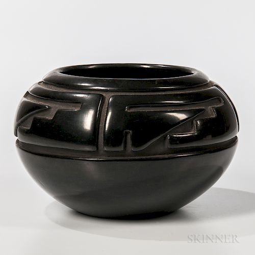 Carved Blackware Pottery Bowl, Santa Clara Pueblo, signed "Margaret Tafoya," with a deeply carved stepped kiva design above the shoulde