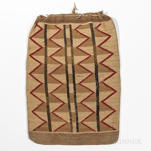 Plateau Cornhusk Bag, early 20th century, the natural fiber with geometric designs in colored yarns on both sides, with hide straps at