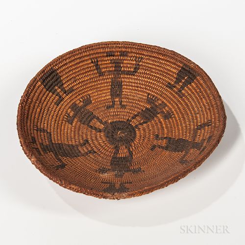 Southwest Coiled Pictorial Basketry Tray, c. 1900, Apache, decorated with numerous human figures, dia. 9 in.