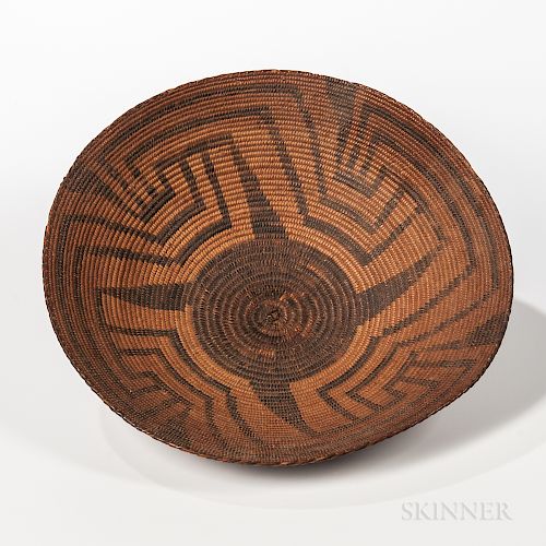 Southwest Coiled Basketry Tray, c. early 20th century, with a pinwheel design, ht. 4 3/8, dia. 17 in.