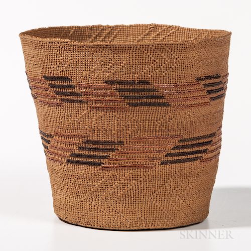Northwest Coast Twined Berry Basket, Tlingit, c. 1900, spruce root, colored geometric pattern on the side, ht. 5, dia. 5 3/4 in.Provena
