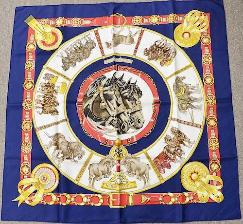 Hermes silk scarf horse pattern in original box. approximately 34" x 35"
