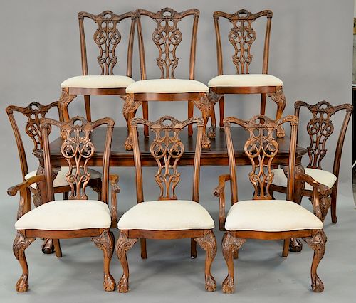 Nine piece mahogany dining room set including table with two 18 inch leaves and eight chairs, all with ball and claw feet. ht. 30 in...