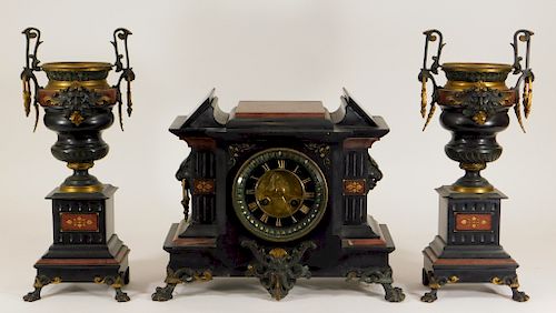 19C. French Black Rouge Marble Clock Garniture Set