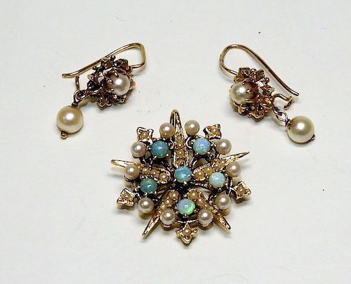 14K Gold Pearl Opal Star Brooch & Earrings