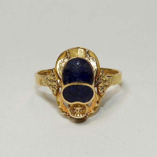 Fine Egyptian 18K Gold Lapis Lazuli Scarab Ring