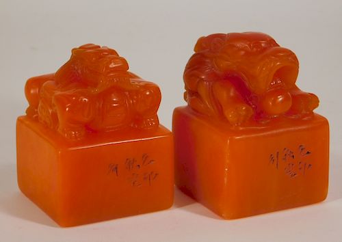 2 Chinese Carved Orange Soapstone Dragon Seals