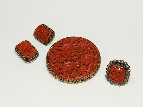 Chinese Carved Cinnabar Lacquer Jewelry Grouping