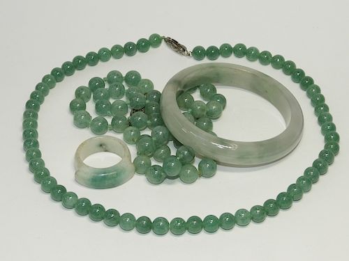 4PC Chinese Carved Jadeite Necklace Ring Bracelet