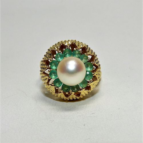 Lady's Synthetic Emerald & Pearl 18K Gold Ring