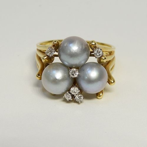 18K Yellow Gold Pearl & Diamond Cocktail Ring