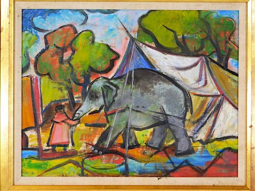 Grace Paull O/B Fauvist Circus Elephant Painting