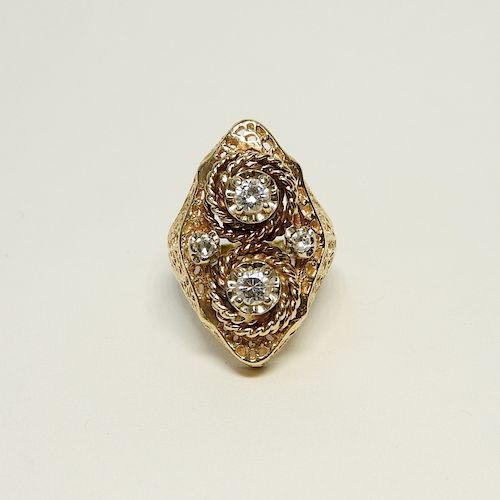Art Deco 14K Gold & Diamond Filigree Ring
