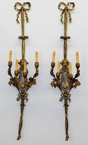 PR French Neoclassical Bronze 4 Light Bow Sconces