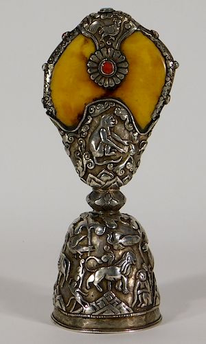 19C. Tibetan Silver Alloy Amber Ritual Seal Object
