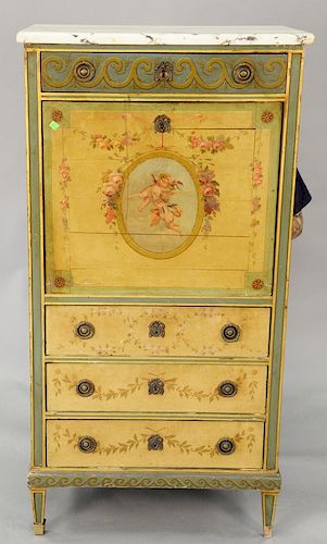 Secretaire abattant with marble top and having painted putti and flowers, late 19th to early 20th century. ht. 56 in., top: 16 1/2" ...